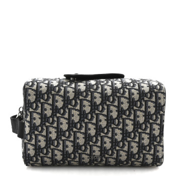 CHRISTIAN DIOR Oblique Jacquard Grained Calfskin Lingot Toiletry Case Blue Black