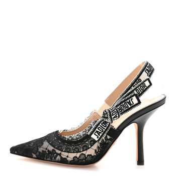 CHRISTIAN DIOR Lace Ribbon Rose Embroidered J'Adior Slingback 100mm Pumps 37 Black