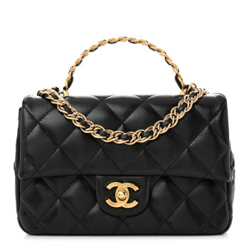 CHANEL Shiny Lambskin Quilted Golden Links Top Handle Flap Black