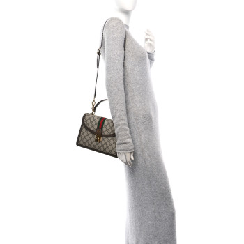 GUCCI GG Supreme Monogram Textured Dollar Calfskin Web Small Ophidia Padlock Top Handle Bag Beige Ebony New Acero