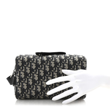 CHRISTIAN DIOR Oblique Jacquard Grained Calfskin Lingot Toiletry Case Blue Black