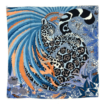 HERMES Cashmere Silk Jaguar Quetzal Shawl 140 Bleu Jean Abricot Gris