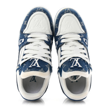 LOUIS VUITTON Calfskin Embossed Monogram Denim Womens LV Trainer Sneakers 38 Blue