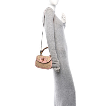 GUCCI Raffia Textured Dollar Calfskin GG Monogram Small Bamboo 1947 Top Handle Bag Wild Rose Natural