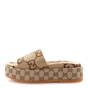 GUCCI Monogram Maxi GG Angelina Platform 55mm Slide Sandals 39.5 Camel Ebony