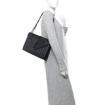 SAINT LAURENT Grain De Poudre Textured Mixed Matelasse Large Triquilt Monogram Monochrome Satchel Black