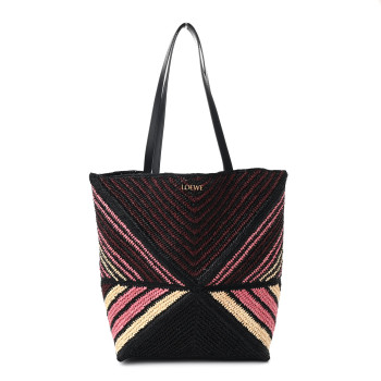 LOEWE Raffia Calfskin Paula's Ibiza Medium Puzzle Fold Tote Pink Burgundy