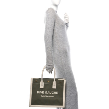 SAINT LAURENT Linen Calfskin Small Rive Gauche Tote Military Green Blanc Vintage