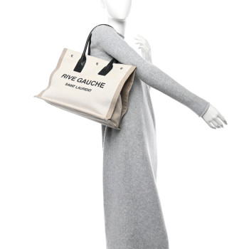 SAINT LAURENT Linen Calfskin Small Rive Gauche Tote Greggio Natural