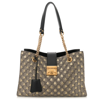 GUCCI GG Supreme Monogram Bees Medium Padlock Tote Beige Oro Black