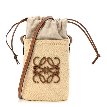 LOEWE Calfskin Raffia Paulas Ibiza Square Bucket Bag Natural Tan