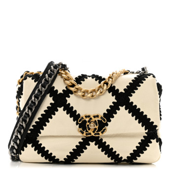 CHANEL Calfskin Crochet Medium Chanel 19 Flap White Black