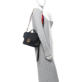 GUCCI Calfskin Matelasse Sylvie Web Small GG Marmont Top Handle Shoulder Bag Black