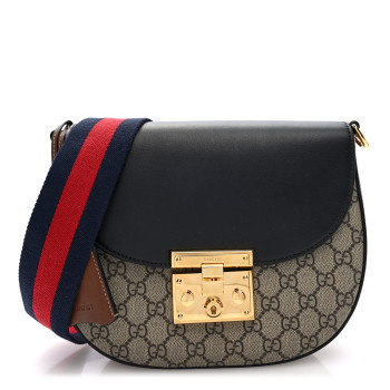 GUCCI GG Supreme Monogram Web Medium Padlock Messenger Shoulder Bag Black