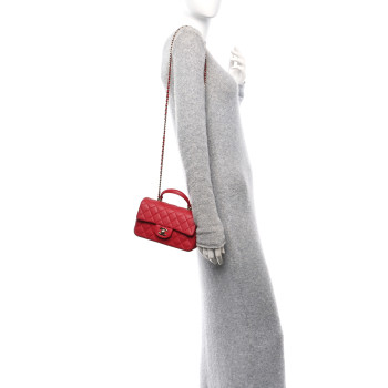CHANEL Lambskin Quilted Mini Top Handle Rectangular Flap Red