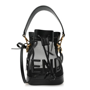 FENDI Mesh Vitello King F is Fendi Logo Embroidered Mini Mon Tresor Bucket Bag Black