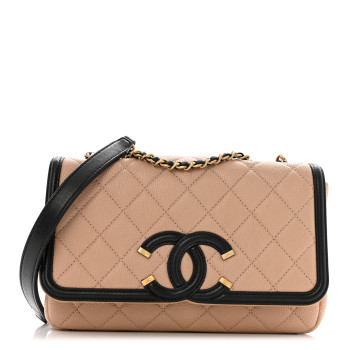 CHANEL Caviar Quilted Small CC Filigree Flap Beige Black