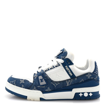 LOUIS VUITTON Calfskin Embossed Monogram Denim Womens LV Trainer Sneakers 38 Blue