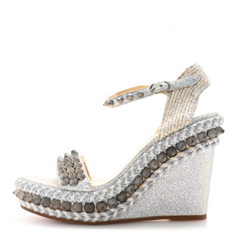 CHRISTIAN LOUBOUTIN Glitter Calfskin Rope Spiked Lata 110 Wedges 37 Silver