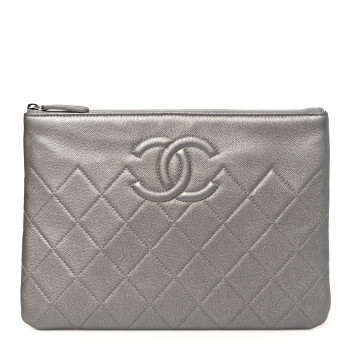 CHANEL Metallic Caviar Quilted Medium Maxi CC Cosmetic Case Silver