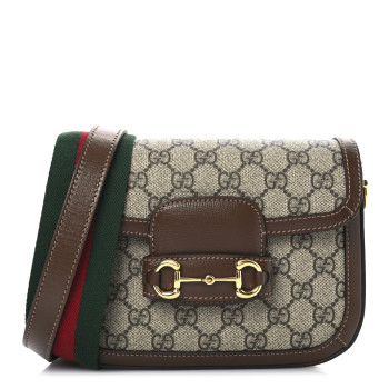 GUCCI GG Supreme Monogram Web Mini Horsebit 1955 Shoulder Bag Beige Brown Sugar
