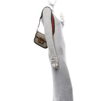 GUCCI GG Supreme Monogram Azalea Calfskin Web Mini Horsebit 1955 Shoulder Bag Beige Ebony Brown Sugar