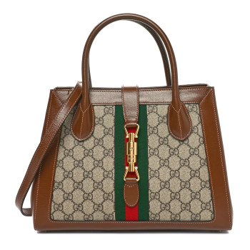 GUCCI GG Supreme Monogram Azalea Calfskin Web Medium Jackie 1961 Tote Beige Ebony Brown Sugar