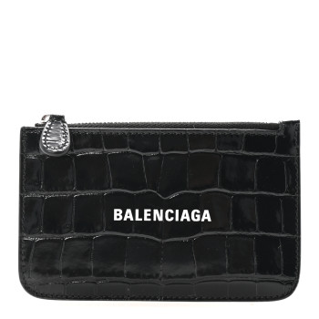 BALENCIAGA Shiny Calfskin Logo Crocodile Embossed Large Cash Long Coin Card Holder Black