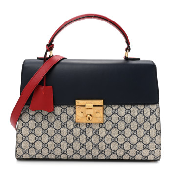 GUCCI GG Supreme Monogram Calfskin Medium Padlock Top Handle Bag Beige Blue Mystic White Hibiscus Red