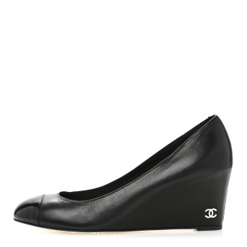 CHANEL Lambskin Patent Cap Toe Wedges 40 Black