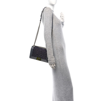 CHANEL Tweed Metallic Lambskin Medium Boy Flap Silver