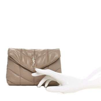 SAINT LAURENT Lambskin Monogram Loulou Puffer Pouch Clutch Dark Beige