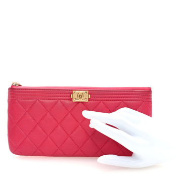 CHANEL Lambskin Quilted Small Boy Zipped Pouch Dark Pink