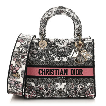 CHRISTIAN DIOR Canvas Embroidered Medium Butterfly Around The World Lady D-Lite White Pastel Pink