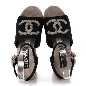 CHANEL Fabric Calfskin Platform Wedge Sandals 37 Black