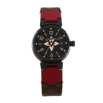 LOUIS VUITTON PVD Stainless Steel Monogram Diamond 28mm My LV Tambour Quartz Watch Black
