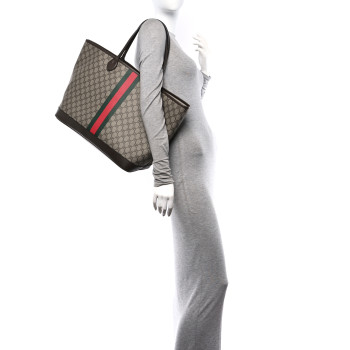 GUCCI GG Supreme Monogram Textured Dollar Calfskin Web Large Ophidia Tote Beige Ebony New Acero