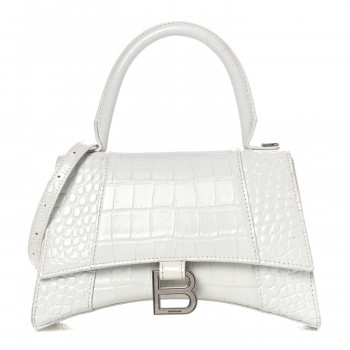 BALENCIAGA Calfskin Crocodile Embossed Small Hourglass Top Handle Bag White