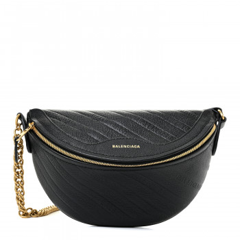 BALENCIAGA Shiny Goatskin Allover Logo Embossed XXS Souvenir Belt Bag Black