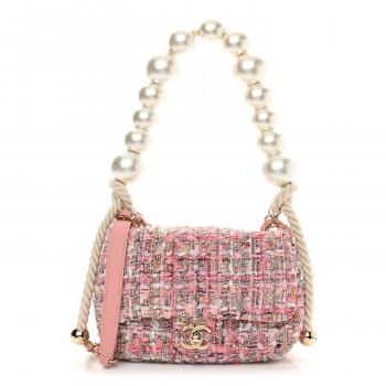 CHANEL Tweed Mini Pearl Handle Flap Pink Beige Orange Ecru