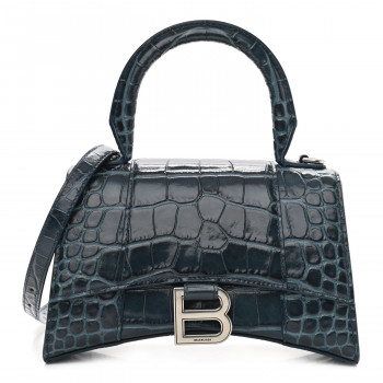 BALENCIAGA Shiny Calfskin Crocodile Embossed Hourglass Top Handle Bag XS Denim Blue