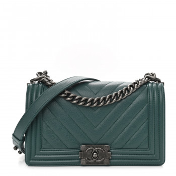 CHANEL Caviar Chevron Quilted Medium Boy Flap Green