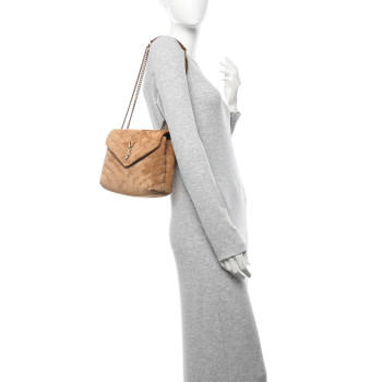 SAINT LAURENT Suede Calfskin Y Quilted Monogram Small Loulou Chain Satchel Cinnamon