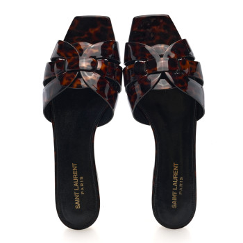 SAINT LAURENT Patent Calfskin Nu Pied 05 Slide Sandals 40 Tortoise