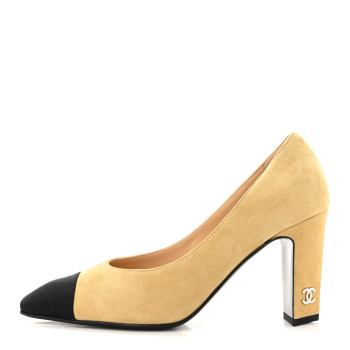 CHANEL Suede Grosgrain Cap Toe CC Pumps 36 Beige Black