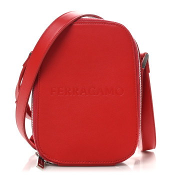 SALVATORE FERRAGAMO Calfskin Logo Embossed Crossbody Bag Flame Red