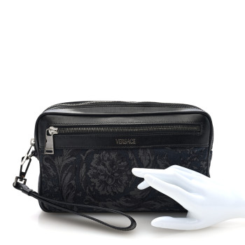 VERSACE Fabric Jacquard Calfskin Barocco Wristlet Pouch Black