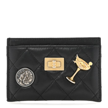 CHANEL Aged Calfskin Quilted Lucky Charms Reissue Card Holder Black