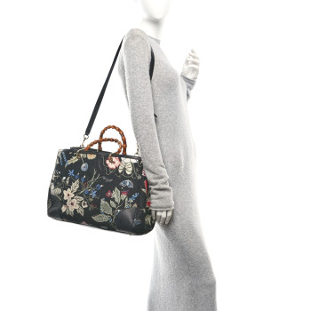 GUCCI Canvas Cellarius Calfskin Flora Knight Large Bamboo Shopper Tote Black
