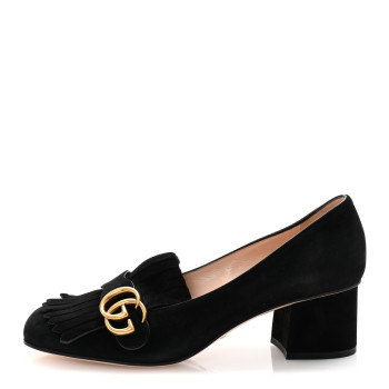 GUCCI Kid Scamosciato GG Marmont Fringe 50mm Loafer Pumps 39.5 Black